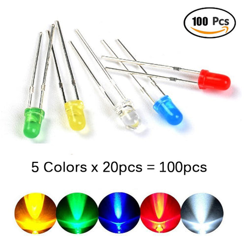100Pcs/lot 3MM LED Diode Assorted Kit  5colors* 20pcs Mixed Color Red Green Yellow Blue White DIY LED Diode kit